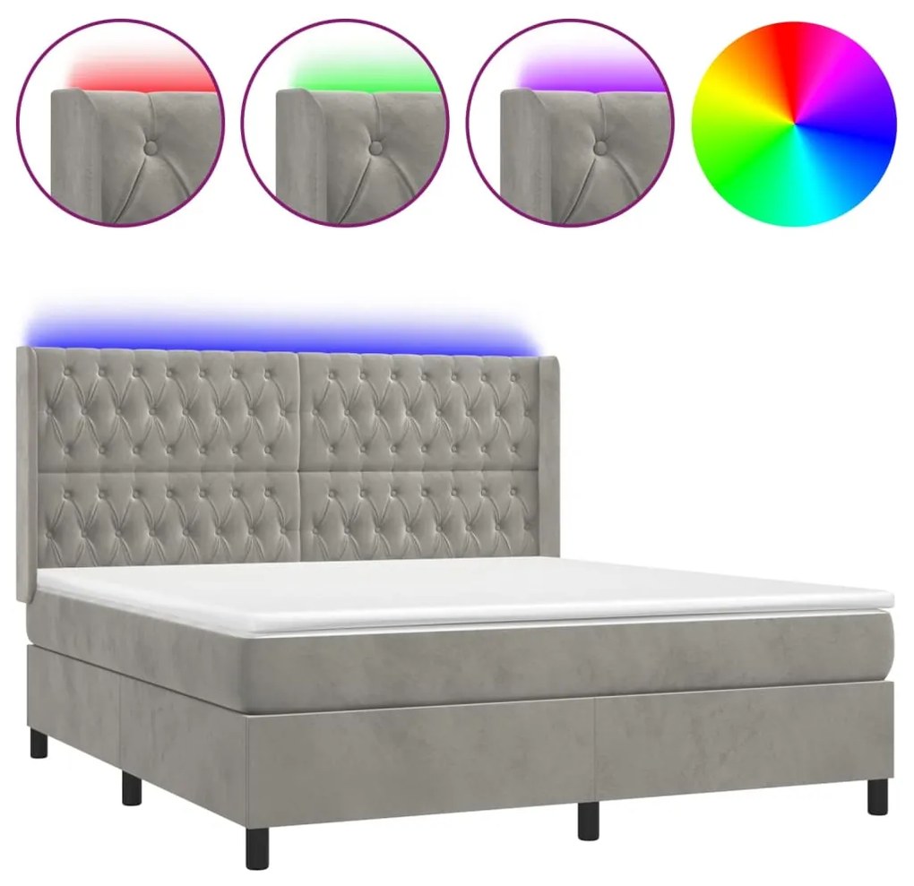 Letto a Molle Materasso e LED Grigio Chiaro 180x200 cm Velluto