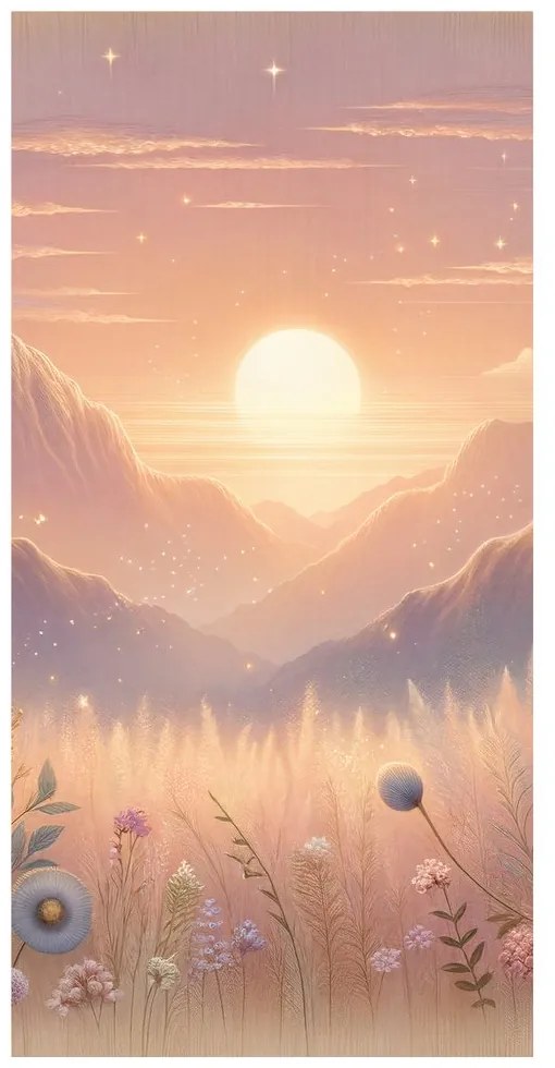 Quadro su tela – Montagne, fiori e sole al tramonto