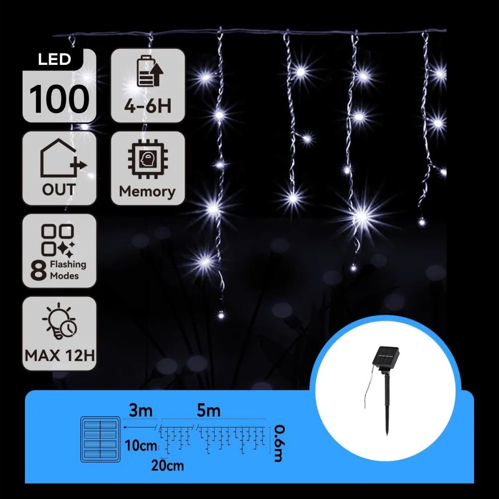 Aigostar - Catena luminosa solare LED, 100 LED, 8 modalità, 8 x 0,6 m, IP65, bianco freddo