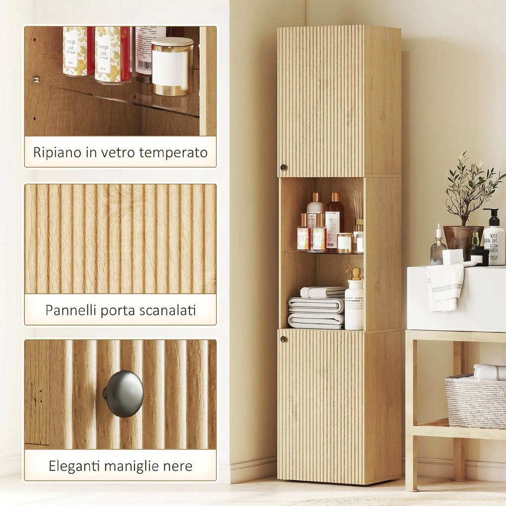 Mobile da Bagno a Colonna Slim 40x31x182H cm 6 Ripiani 2 Ante e Ripiano in Vetro Temperato in MDF Rovere...