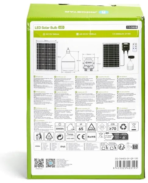 Aigostar - Lampadario solare a LED con sensore, 70W/12V, batteria 6000 mAh, 6500K, Ø 12 cm