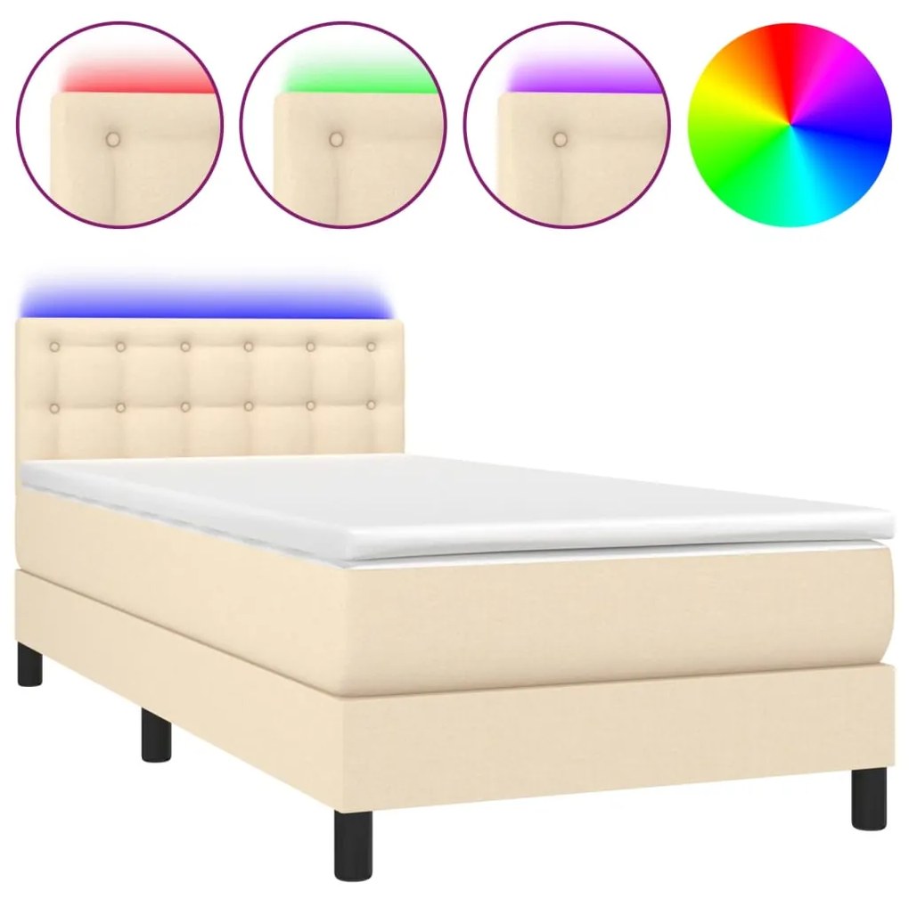 Letto a molle con materasso e led crema 80x200 cm in tessuto
