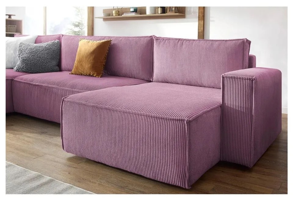 Divano letto angolare a "U" in velluto a coste rosa Nihad - Bobochic Paris