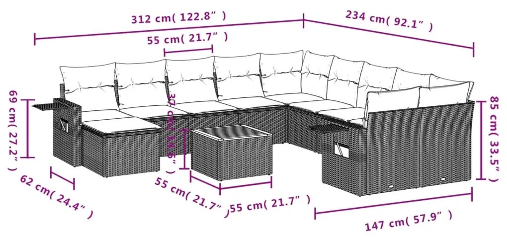 Set Divani da Giardino 12 pz con Cuscini Nero in Polyrattan