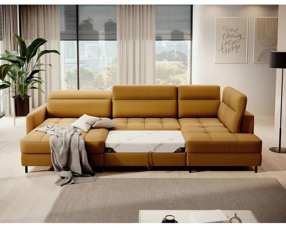 Divano angolare giallo allungabile/con contenitore (con penisola a destra/a U) e rivestimento in velluto Berrto – ELTAP