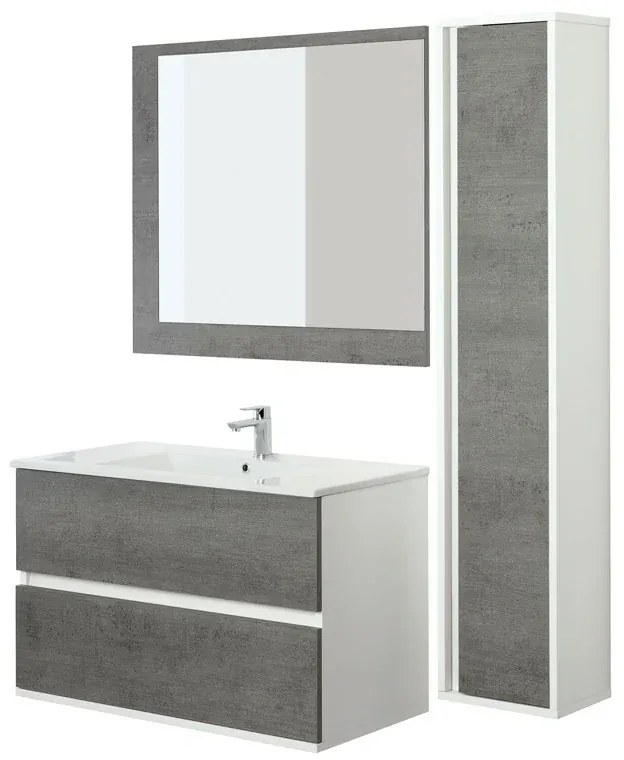 Mobile Bagno sospeso 90 cm colore cemento con 2 cassetti lavabo e specchio