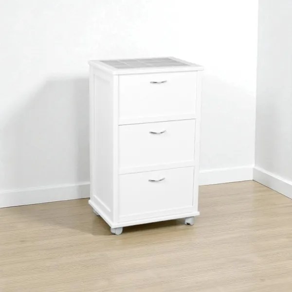 Carrello mobiletto con ante a ribalta e piano in mattonelle BIANCO