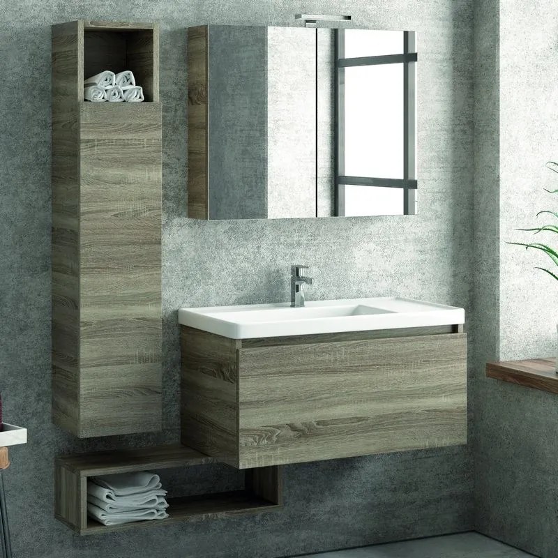Composizione bagno sospesa 80cm composta da mobile colonna specchio e pensile - KAMALU