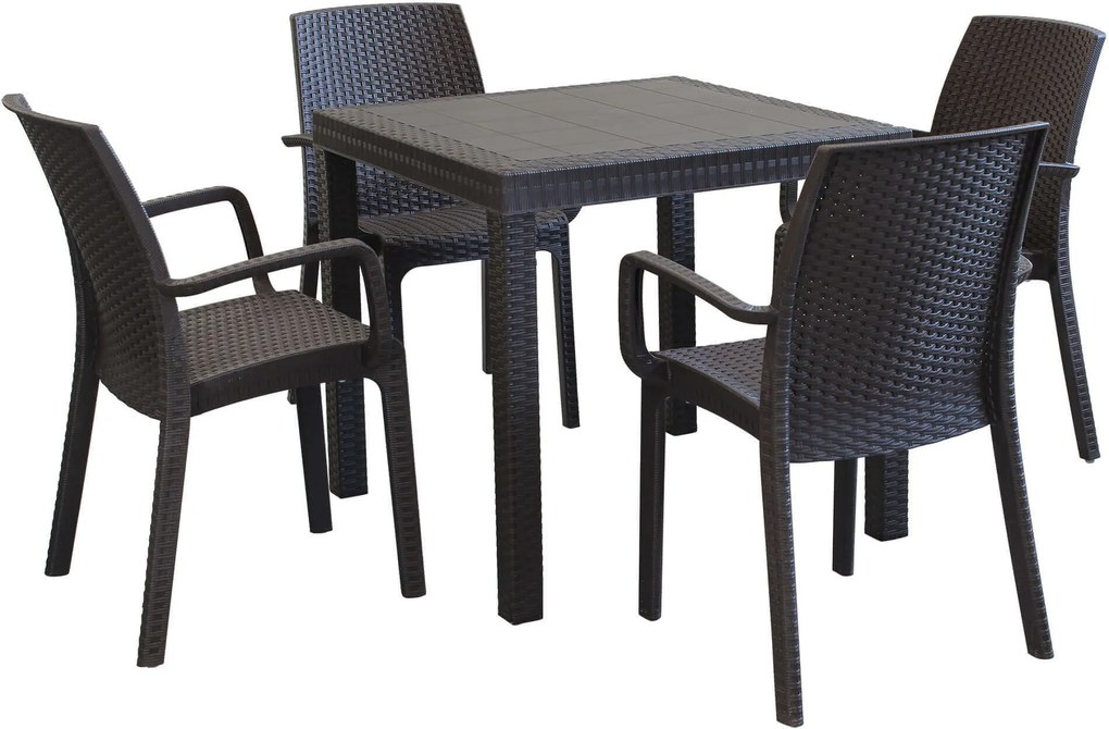 CALIGOLA - set tavolo in resina effetto rattan cm 80 x 80 x 74 h con 4 poltrone Alma
