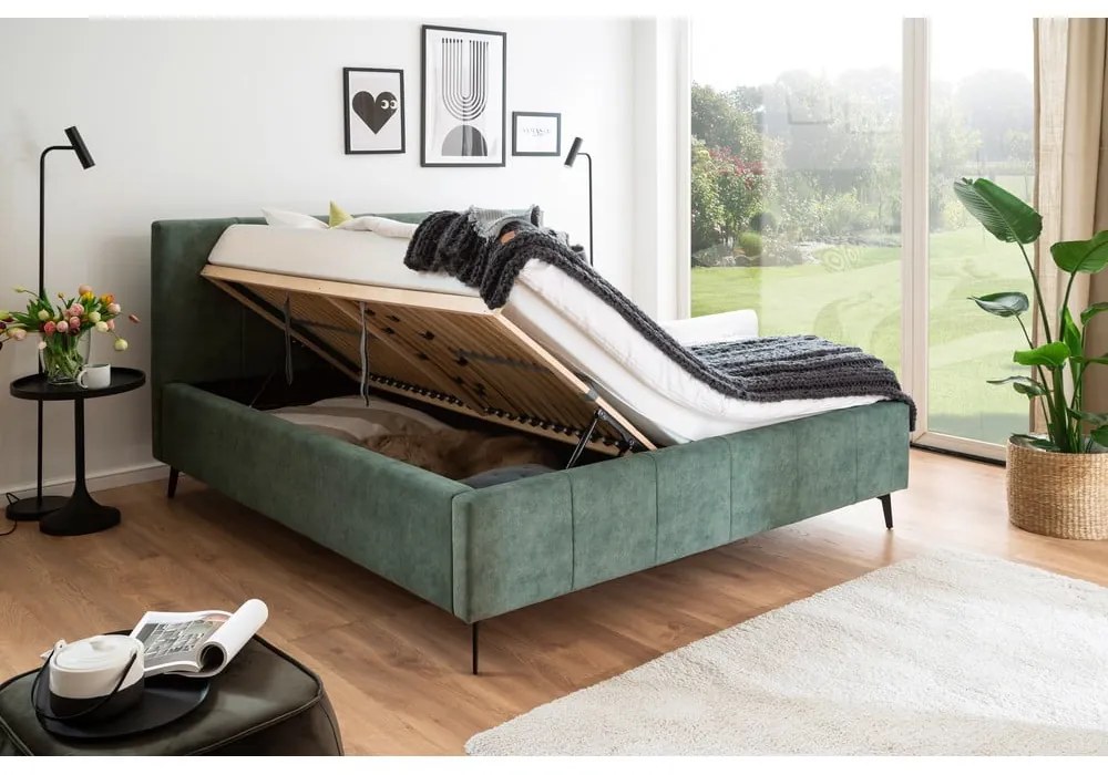Letto matrimoniale imbottito verde con contenitore con rete inclusa 180x200 cm Lizzano – Meise Möbel