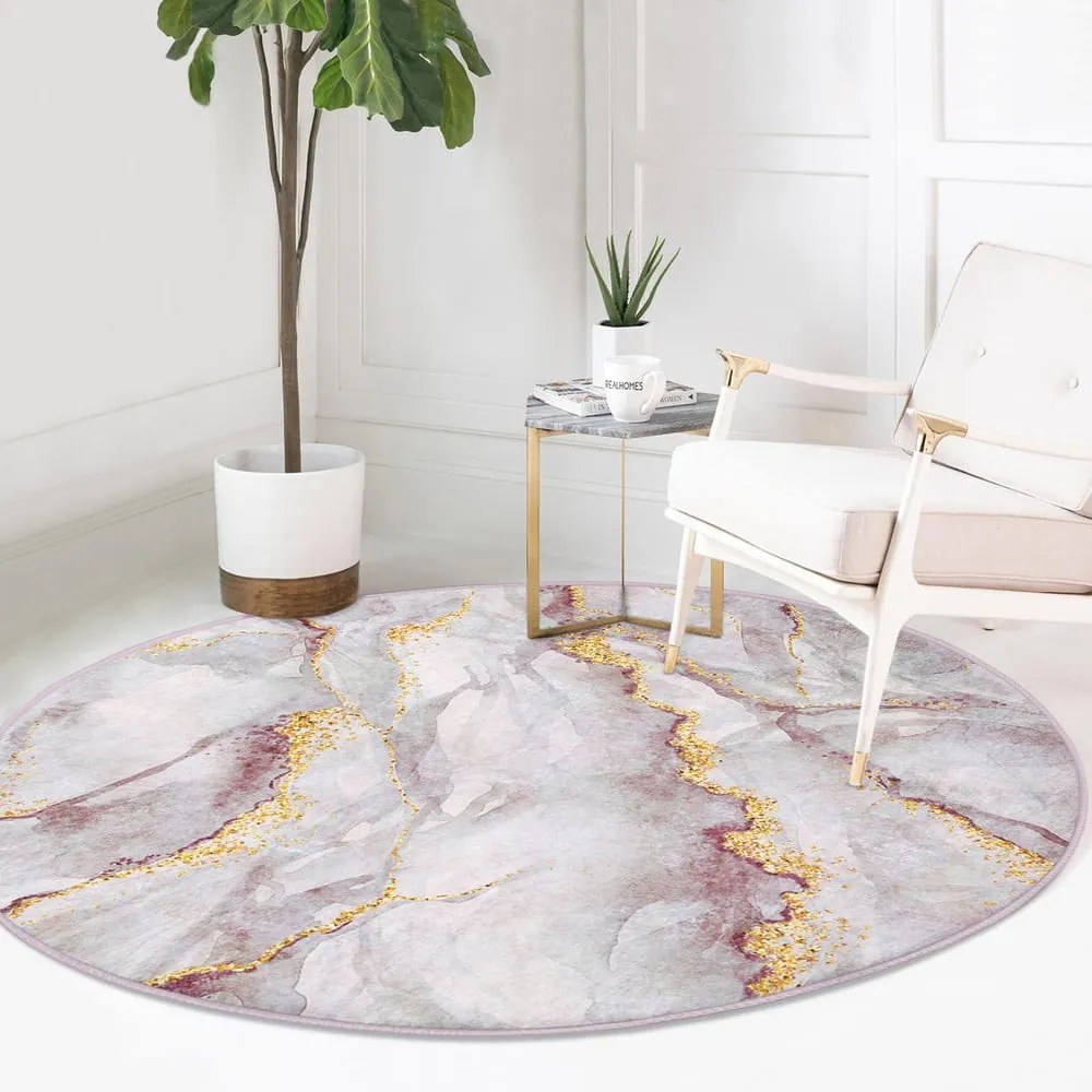 Tappeto rotondo rosa chiaro/dorato lavabile ø 80 cm Marble – Mila Home