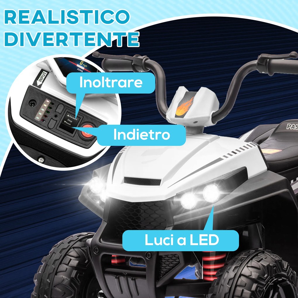 Quad Elettrico per Bambini 12V con 2 Motori Sospensioni Fari LED MP3 Bianco...