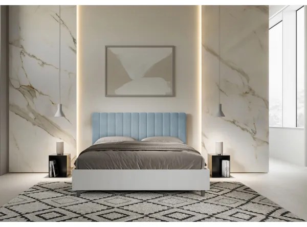 Letto contenitore da 160x200 in legno bianco e testata in microfibra azzurro Kaia