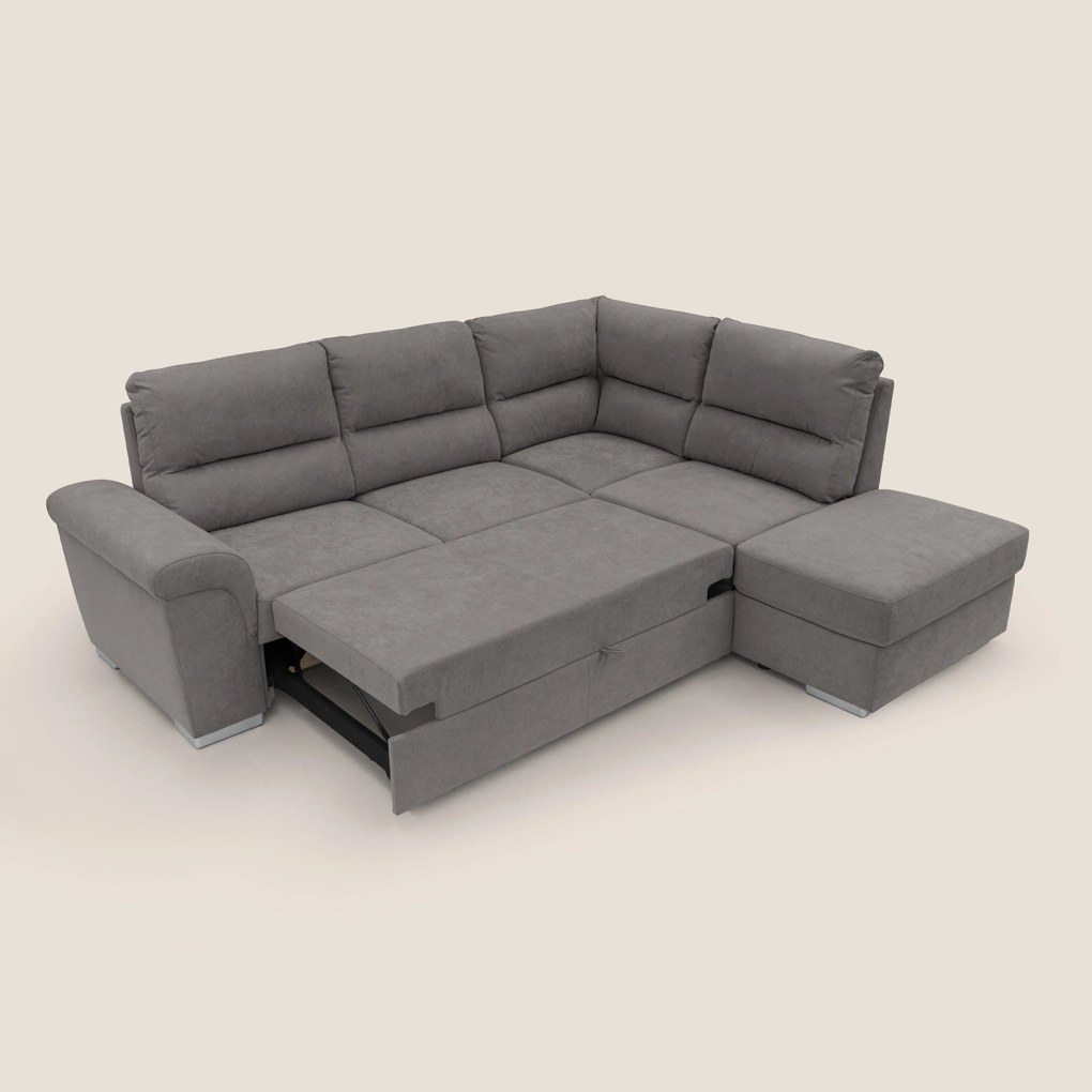 Minerva divano angolare con estraibile a cassettone e pouf contenitore in tessuto morbido impermeabile T02 grigio