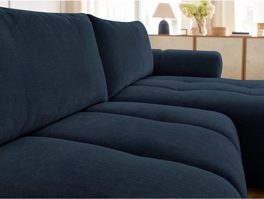 Divano angolare blu scuro allungabile e con contenitore (penisola a destra/chaise lounge) con rivestimento in ciniglia Fuji – Bobochic Paris