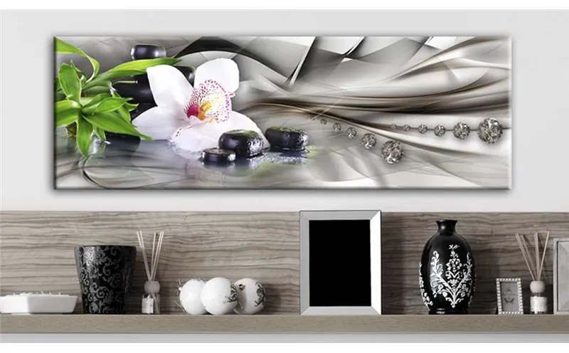 Quadro Composizione Zen  bambù, orchidee e pietre  Colore Nero, Dimensioni e Misure 120x40