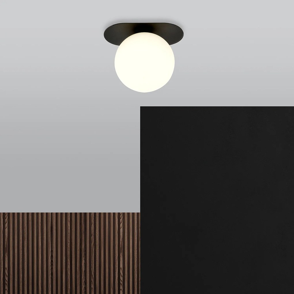 Plafoniera Minimal 1 Luce Teia In Acciaio Nero E Sfera Vetro Opale