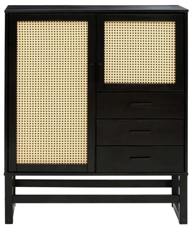 Cassettiera in legno di pino nero con ante in rattan , larghezza 90 cm Jolene - Støraa