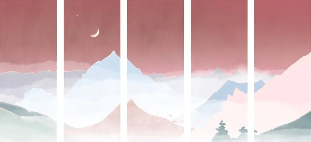 Quadri 5 pezzi – Luna sopra montagne pastello