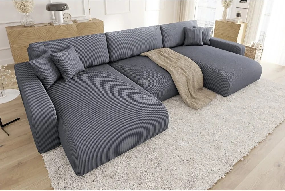 Divano angolare grigio scuro allungabile/con contenitore (a U) con rivestimento in velluto a coste Sara – Ropez