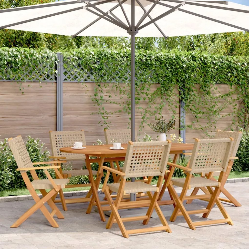 Set Pranzo Da Giardino 7 Pz Beige Polyrattan E Legno Massello /