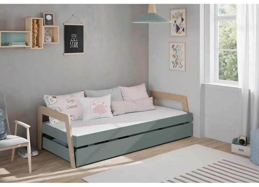 Letto da bambini estraibile verde/verde polveroso in pino massiccio con contenitore con rete inclusa 90x200 cm Carrie – Marckeric