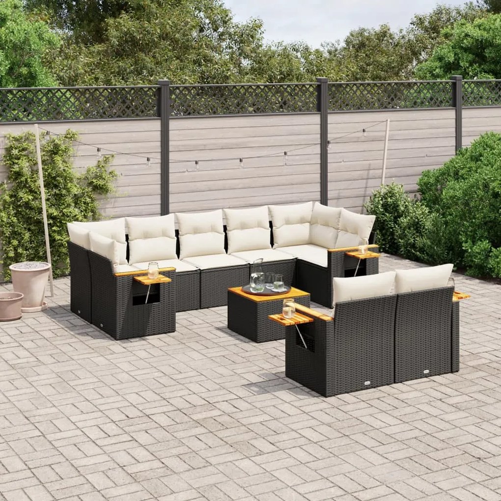 Set divani da giardino 10pz con cuscini in polyrattan nero