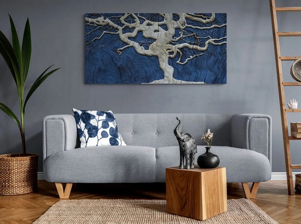 Stampa su tela – Albero astratto su legno con contrasto blu