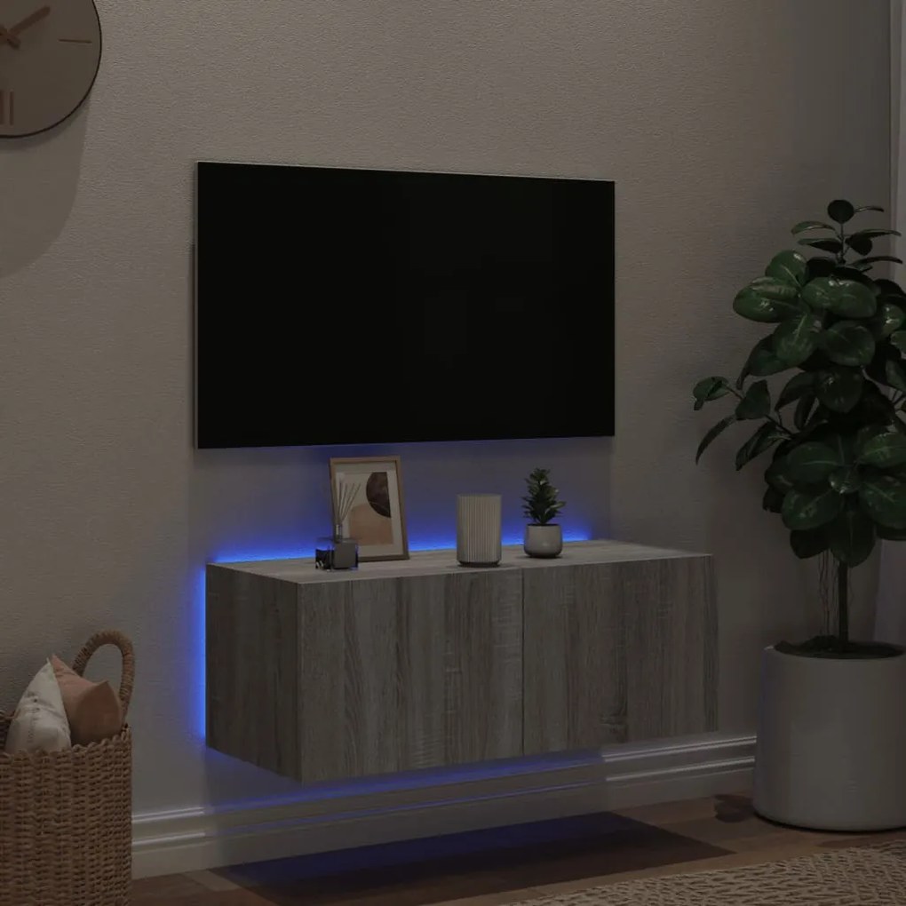 Mobile tv a parete con luci led grigio sonoma 80x35x31 cm