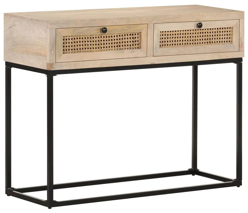 Tavolo Consolle 100x35x76 Cm Massello Di Mango E Canna Naturale /