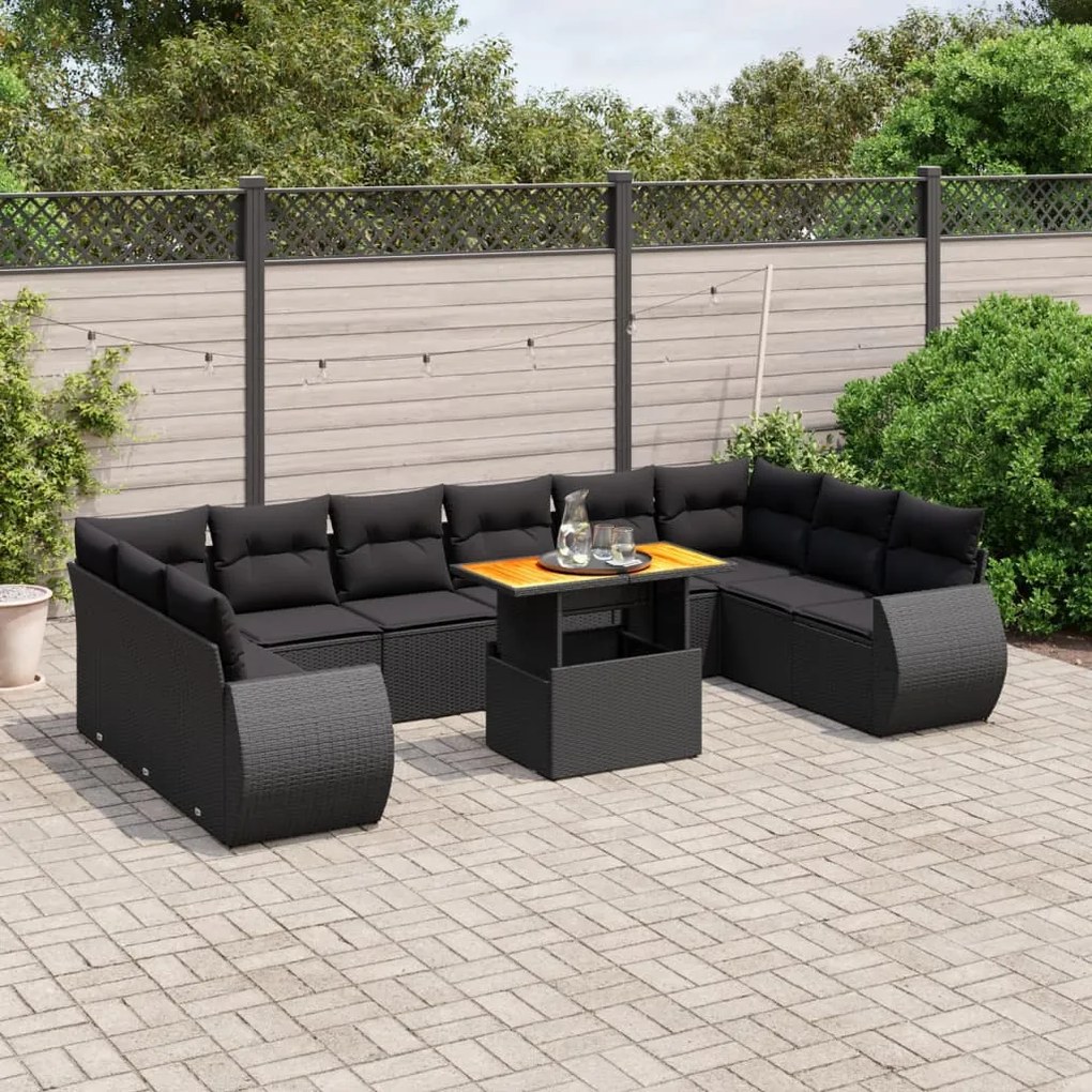 Set divani da giardino 11 pz con cuscini in polyrattan nero