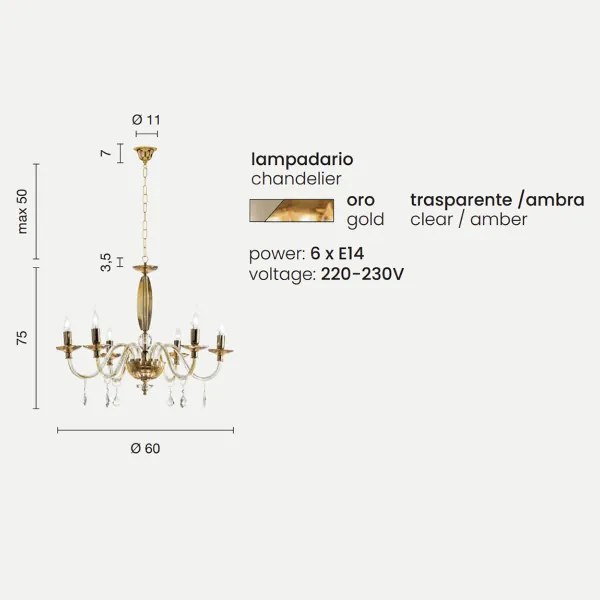 Lampadario a sospensione CECILIA in cristallo 6 luci AMBRA