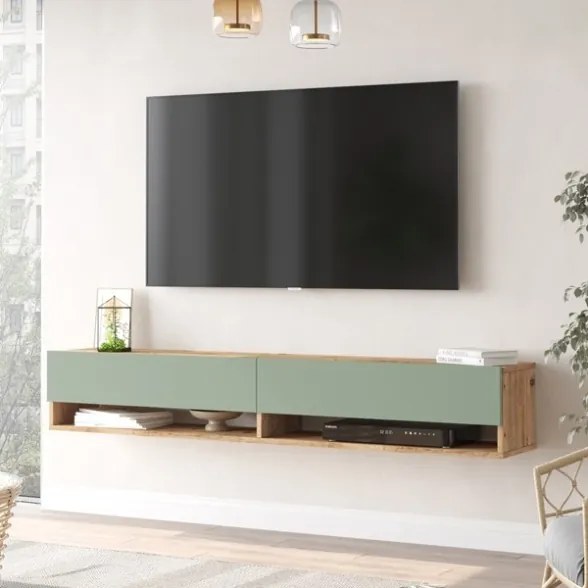 Mobile Tv Sospeso 180x32x30 Effetto Legno Rovere E Verde Con Vani Frame