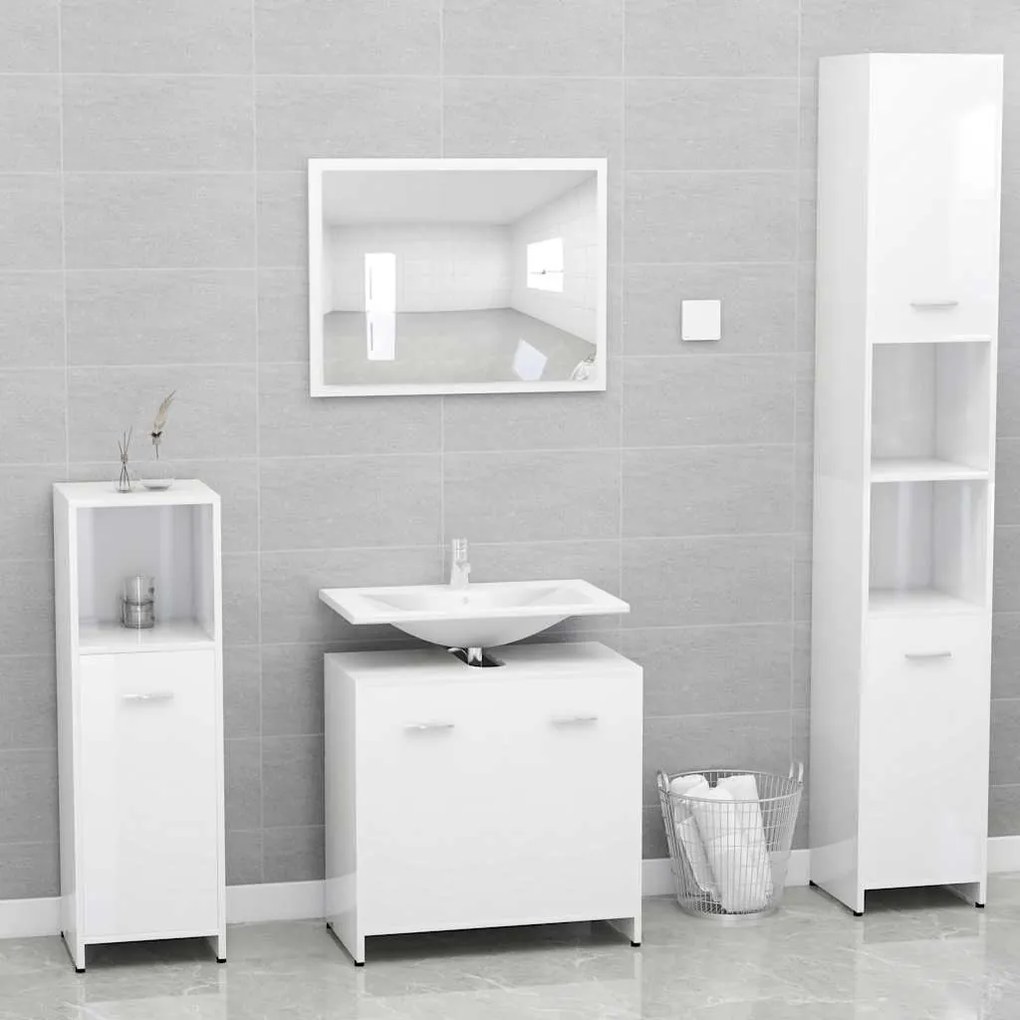 Set Mobili Da Bagno Bianco Lucido İn Legno Multistrato /