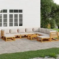 Set Salotto Giardino 11pz Cuscini Grigio Chiaro Legno Massello 3155293