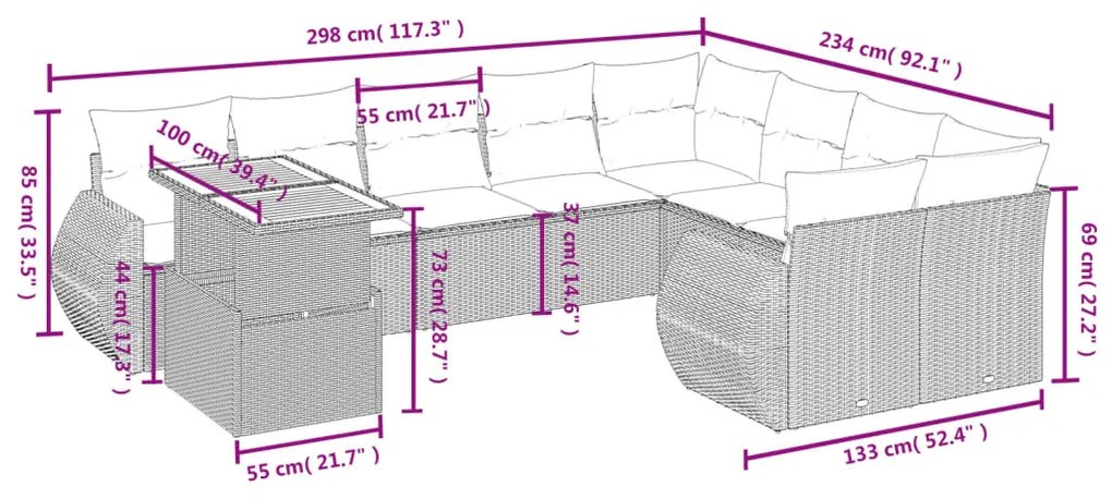 Set Divani da Giardino 10pz con Cuscini in Polyrattan Nero