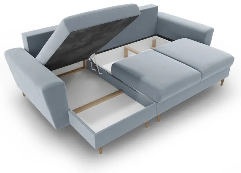Divano angolare azzurro allungabile e con contenitore con rivestimento in velluto Kyoto – Cosmopolitan Design