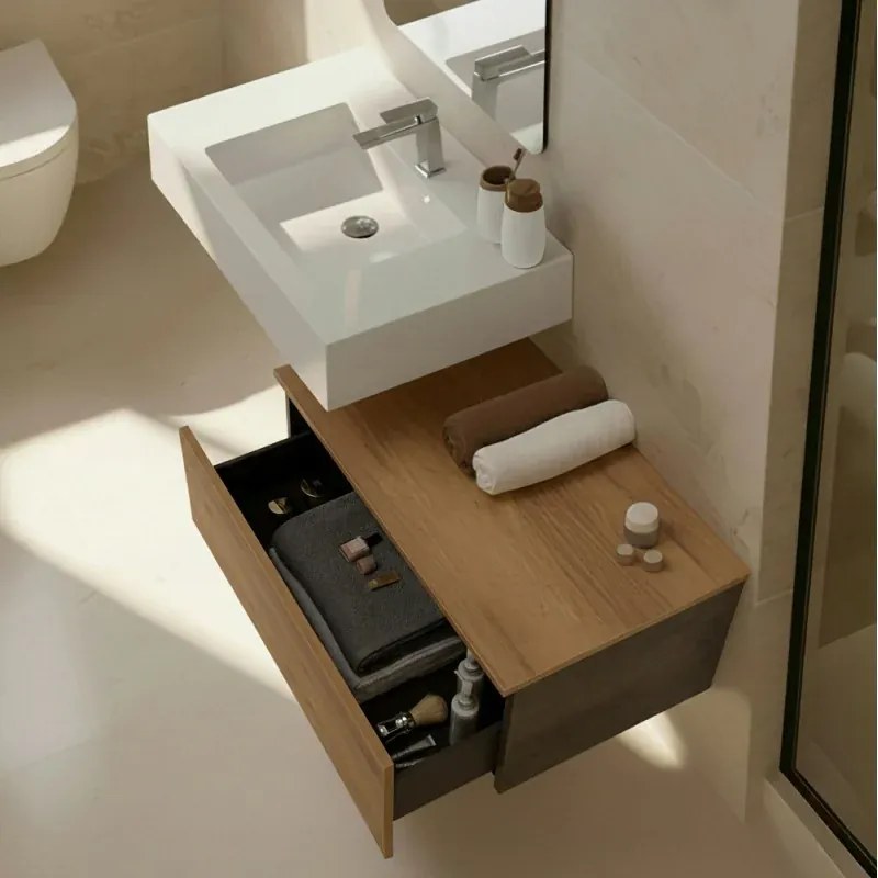 Mobile bagno sospeso 80 cm rovere africa con lavabo sospeso e specchio - Numa