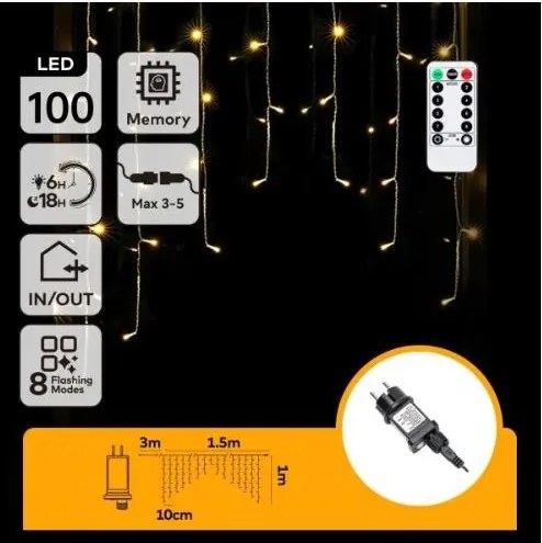 Aigostar - Catena luminosa LED natalizia da esterno 100xLED/6W/230V/8 funzioni 1,5x1m IP44 bianco caldo + telecomando