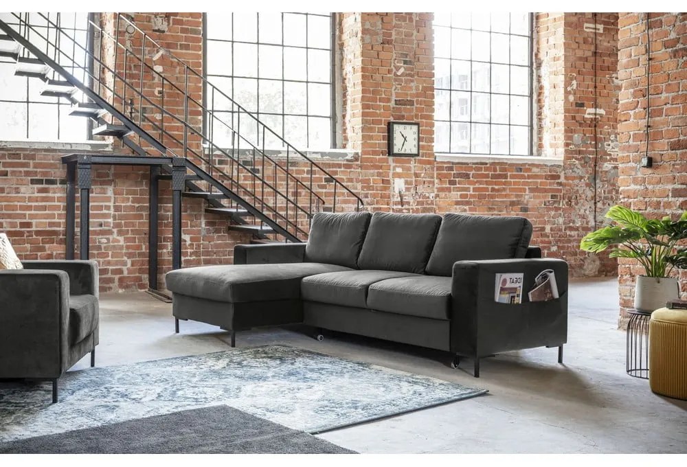 Divano letto angolare in velluto grigio scuro, angolo sinistro Lofty Lilly - Miuform