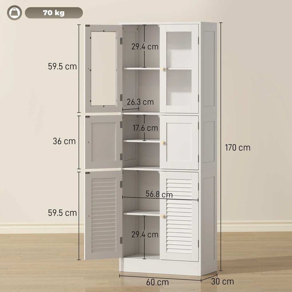 Mobile Bagno 60x30x170 cm con 3 Armadietti a 2 Ante in Vetro e Legno  Bianco...