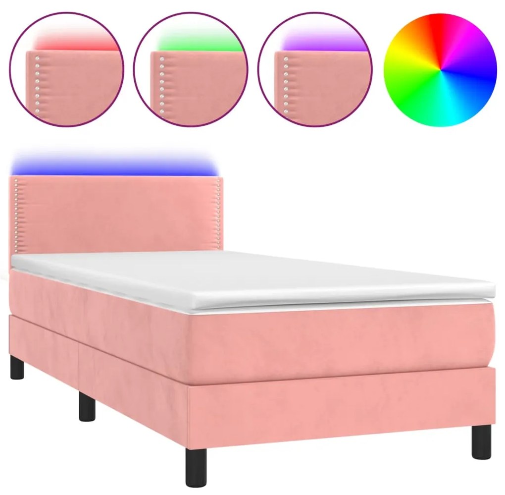 Letto a molle con materasso e led rosa 100x200 cm in velluto