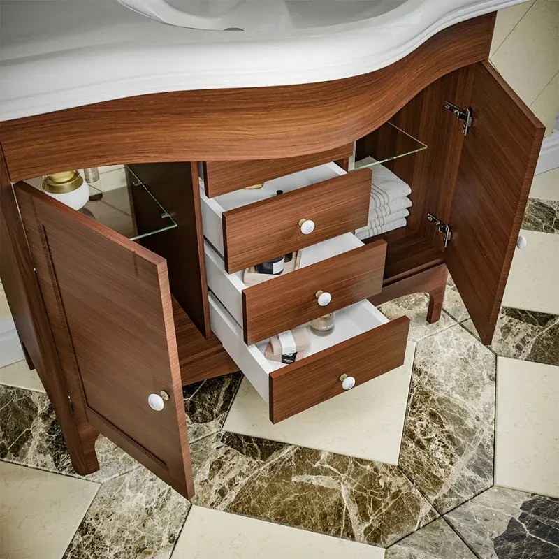 Mobile bagno a terra 115 cm noce con lavabo specchio e lampade Romantica