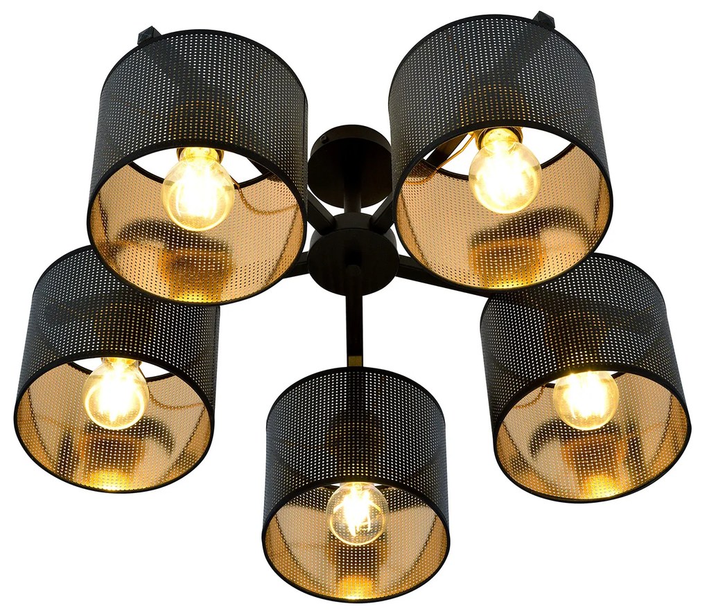 Plafoniera Industrial 5 Luci Cigno In Acciaio Nero E Paralumi A Cilindro Oro