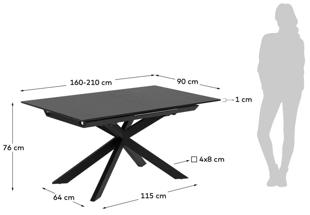 Kave Home - Tavolo allungabile Atminda in vetro e gambe in acciaio finitura nera 160 (210) x 90 cm