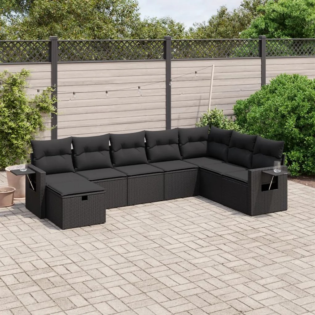 Set divani da giardino con cuscini 8 pz nero in polyrattan