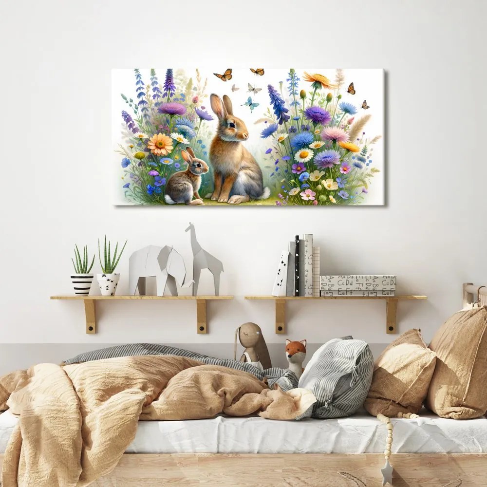Quadro su tela – Fiori di campo e coniglietti tra le farfalle