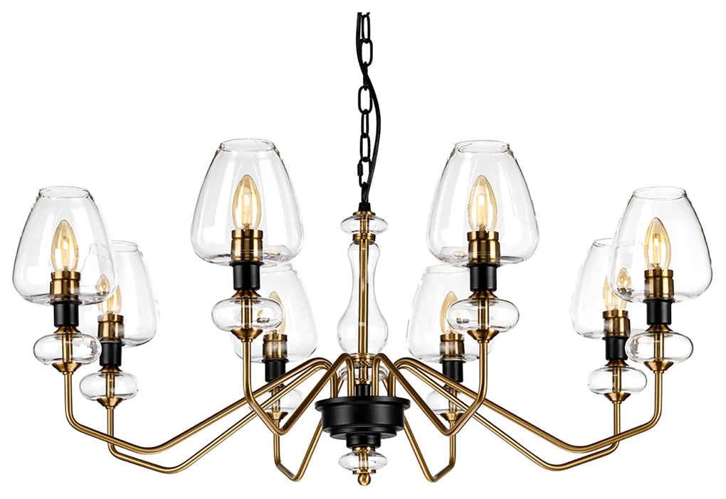 Lampadario Armand Acciaio Ottone Antico Nero Carbone Vetro Nero 8 Luci E14