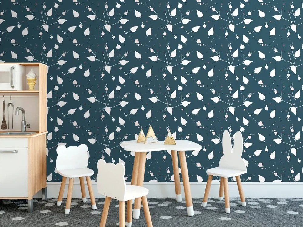 Carta da parati – Foglie delicate in versione blu