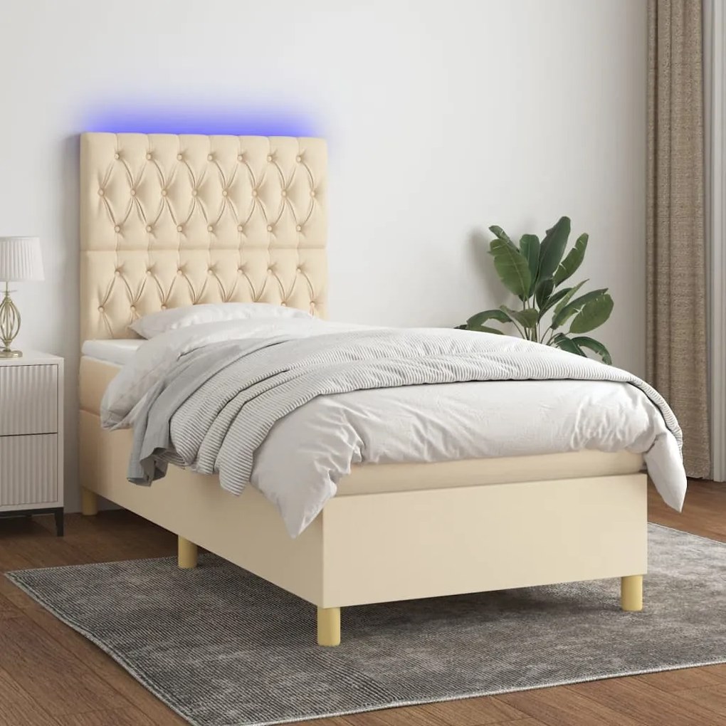 Letto a molle con materasso e led crema 90x200 cm in tessuto